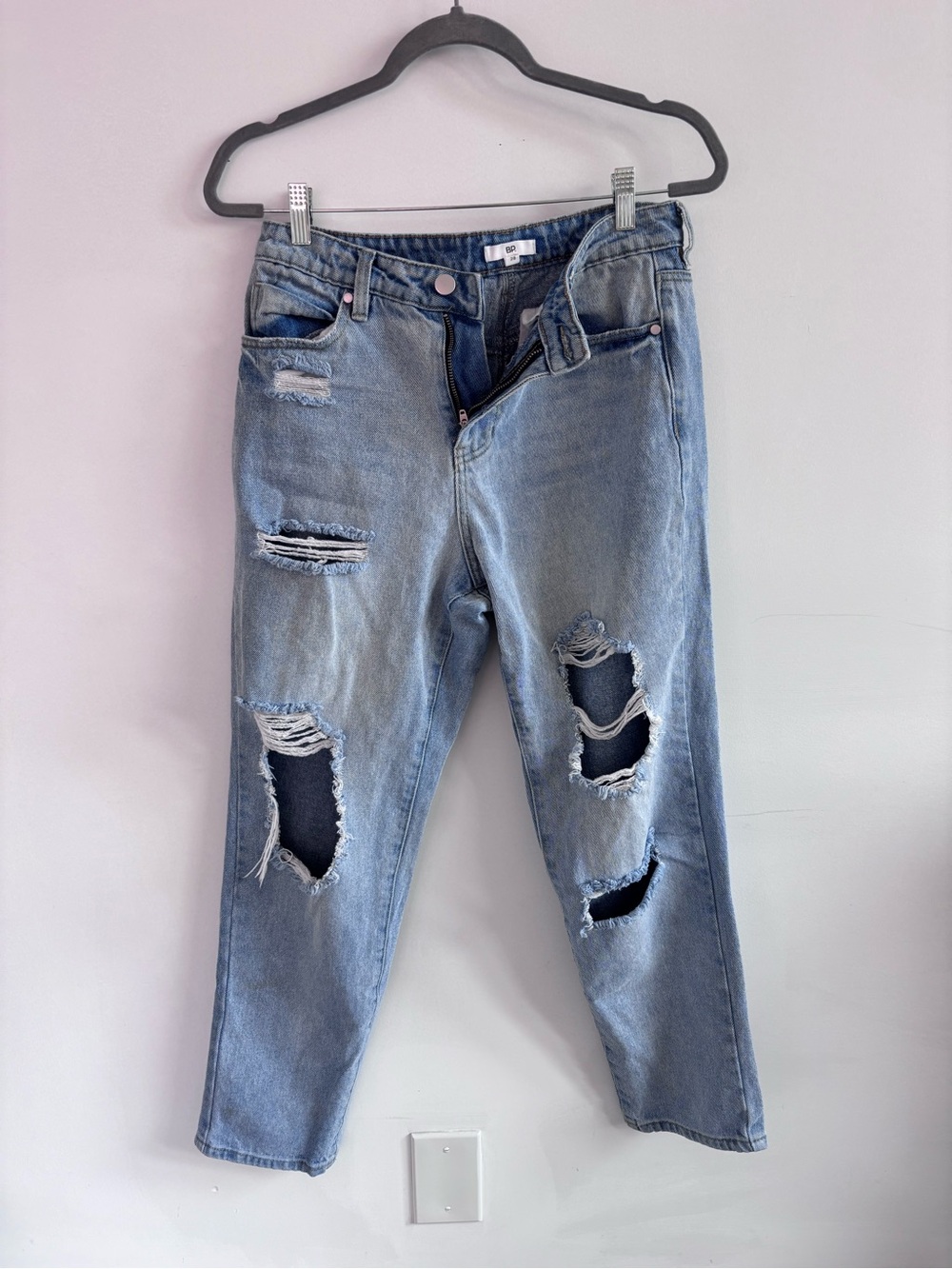 BP Relaxed Comfy Light Blue Wash Distressed Boyfriend Jeans- Mid Rise-Size 28